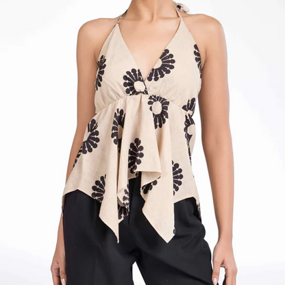 Halter V-Neck Floral Irregular Hem Top