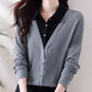 Gift Choice - Woman's Lapel Comfort Fake Two Piece Long Sleeve Top