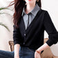 Gift Choice - Woman's Lapel Comfort Fake Two Piece Long Sleeve Top