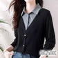 Gift Choice - Woman's Lapel Comfort Fake Two Piece Long Sleeve Top